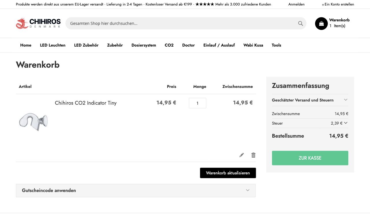 Warenkorb auf de.chihiros.eu mit der Schaltfläche ZUR KASSE.