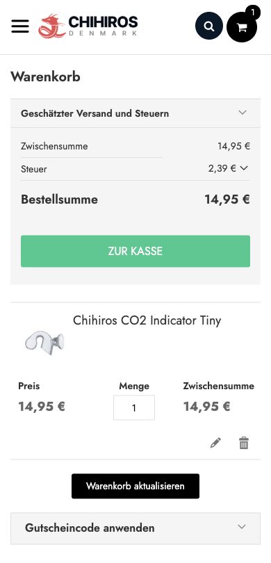 Warenkorb auf de.chihiros.eu mit der Schaltfläche ZUR KASSE.