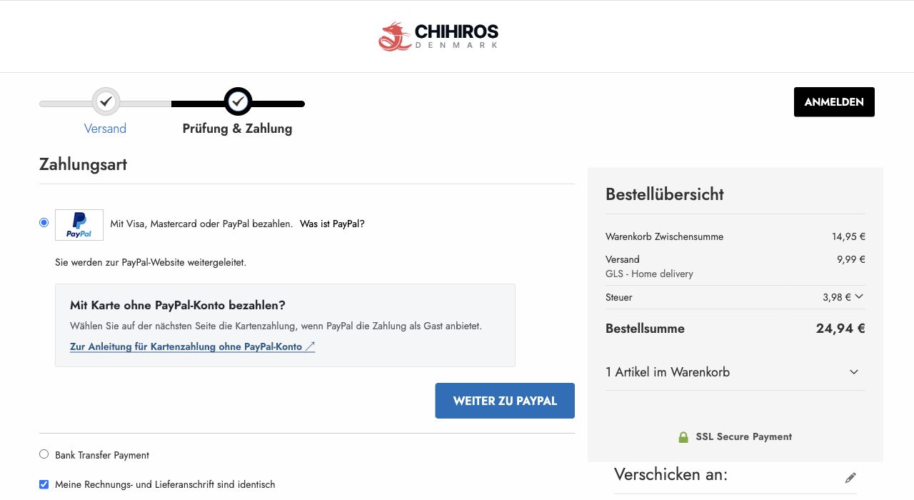 Die Zahlungsart Mit Visa, Mastercard oder PayPal bezahlen mit Hilfe zur Zahlung ohne Konto, einem Link zur Anleitung und der blauen Schaltfläche WEITER ZU PAYPAL.
