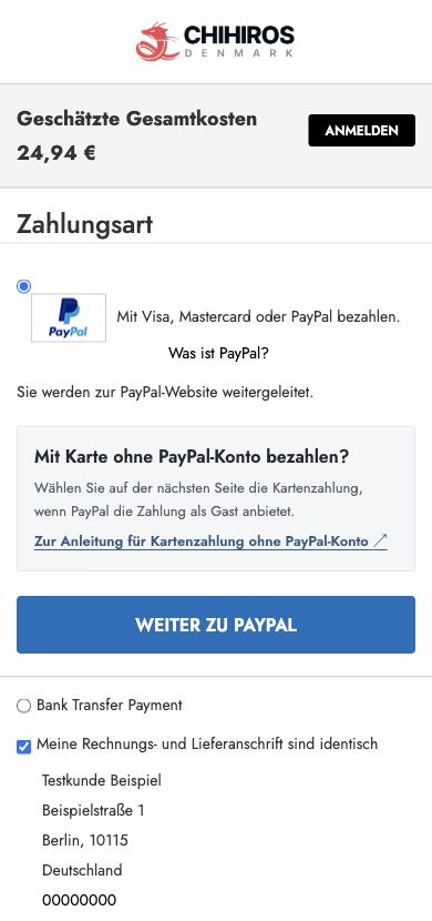 Die Zahlungsart Mit Visa, Mastercard oder PayPal bezahlen mit Hilfe zur Zahlung ohne Konto, einem Link zur Anleitung und der blauen Schaltfläche WEITER ZU PAYPAL.