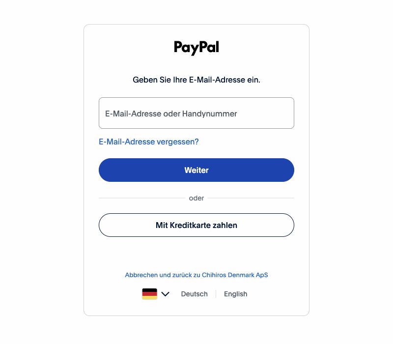 PayPals Anmeldeseite mit der Schaltfläche Mit Kreditkarte zahlen.