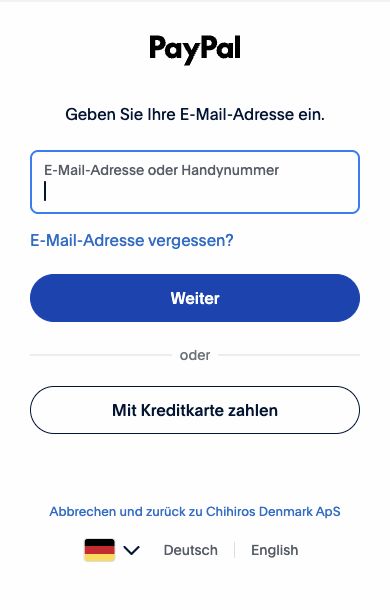 PayPals Anmeldeseite mit der Schaltfläche Mit Kreditkarte zahlen.