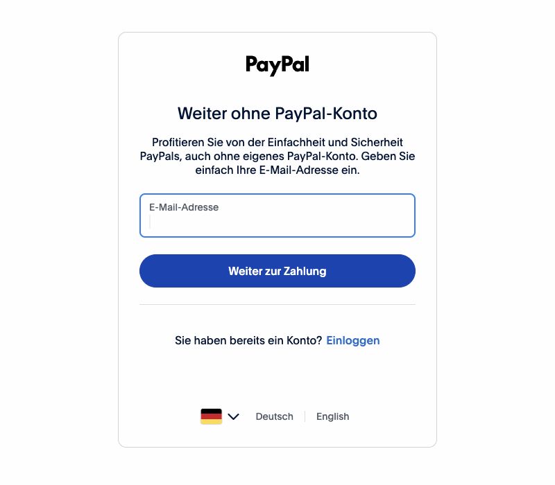 PayPals Seite Weiter ohne PayPal-Konto mit einem E-Mail-Feld und der Schaltfläche Weiter zur Zahlung.