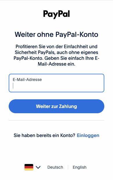 PayPals Seite Weiter ohne PayPal-Konto mit einem E-Mail-Feld und der Schaltfläche Weiter zur Zahlung.
