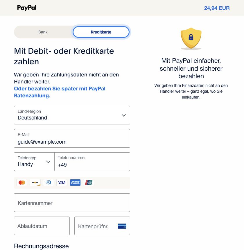 PayPals Formular im Reiter Kreditkarte mit leeren Feldern für Kartennummer, Ablaufdatum und Kartenprüfnummer.