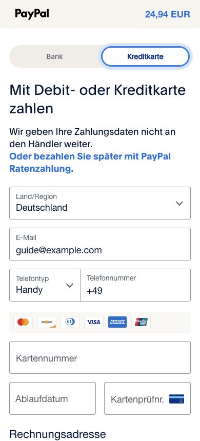 PayPals Formular im Reiter Kreditkarte mit leeren Feldern für Kartennummer, Ablaufdatum und Kartenprüfnummer.